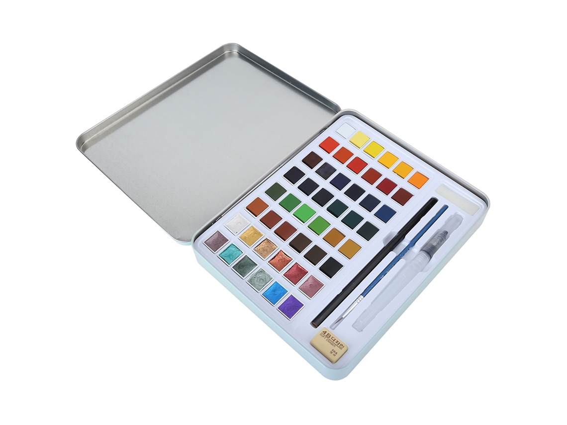 Conjunto de Aquarela Sólida 48 Cores Blocos com Ferramentas de Pintura Artística
