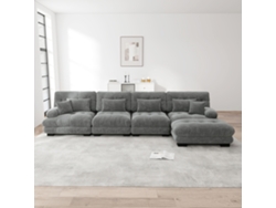 Sofá modular de 4 plazas en forma de L con puf móvil y combinación DIY, chenilla gris, Mobrio.