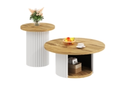 Mesa De Centro Doble - Redonda, Multifuncional, Listones De Madera Natural - Natural
