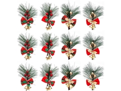 Ramo Artificial De Pino Navideño Con 12 Piezas, Bayas Rojas/doradas, Cintas Y Campanillas Para Decoración.