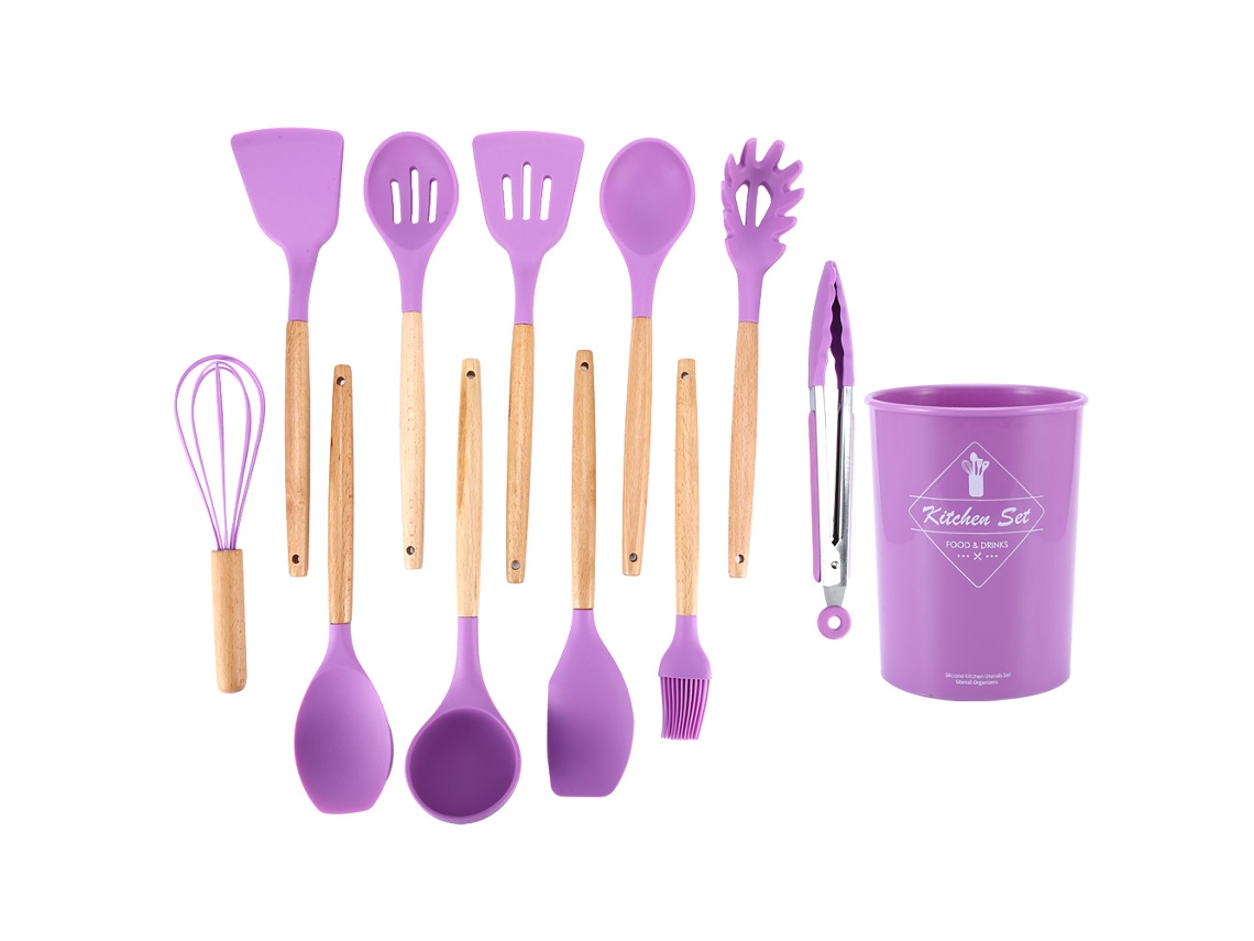 Juego de 12 utensilios de cocina de silicona no adhesiva, color morado
