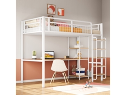 Cama Alta de Metal, 90*200 cm, Escalera de Seguridad con Peldaños, Cama Individual, Cama Infantil con Mesa y Estantes.