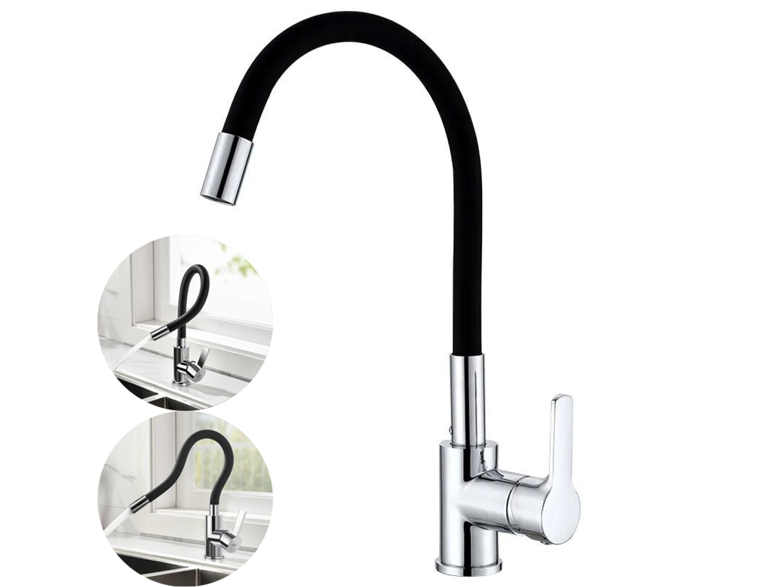 Grifo De Cocina Flexible, De Giro Libre, Cromado Y Negro, Apto Tanto Para Agua Fría Como Caliente (manguera).
