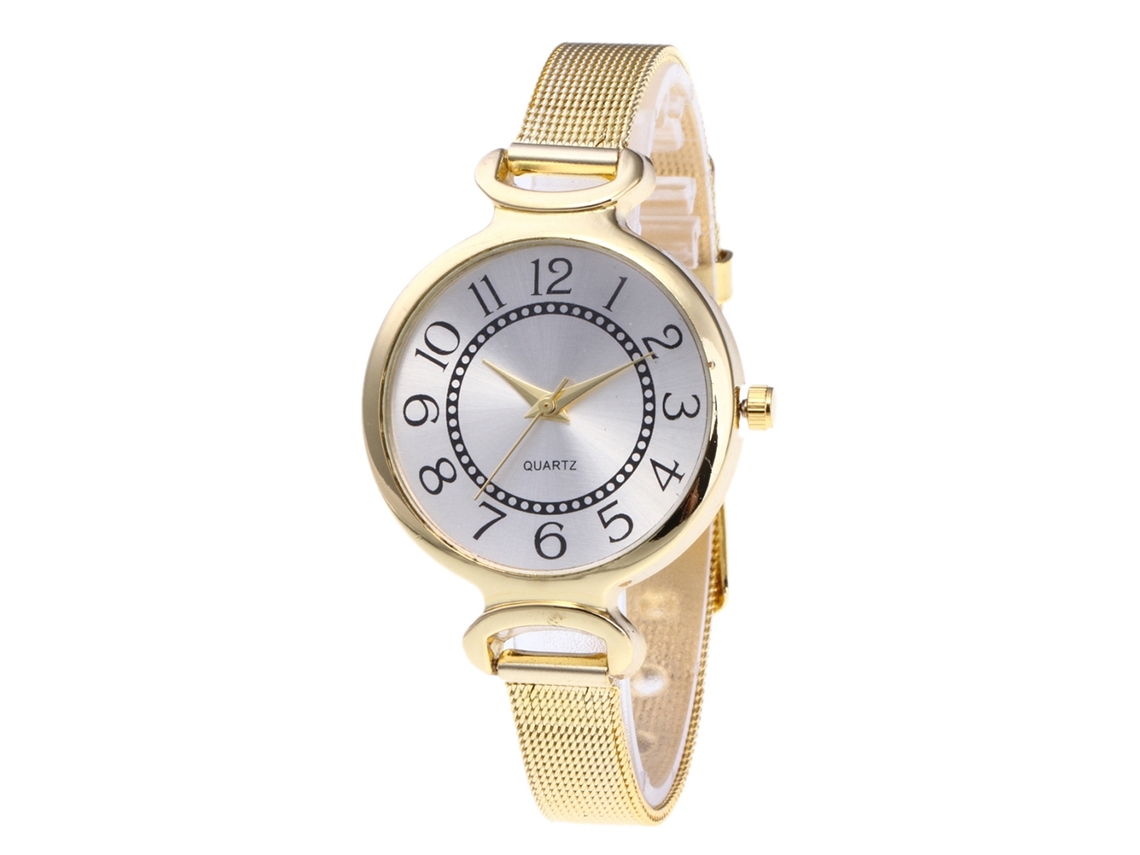 Reloj De Moda Para Mujer De Acero Con Esfera Redonda, Brazalete Y Movimiento De Cuarzo Dorado.