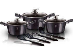 Batería Cocina Inducción 10 Piezas, Antiadherente Mármol Sin Pfoa, Aluminio, 3 Cazuelas Tapas Berlinger Haus Carbon Pro Gris