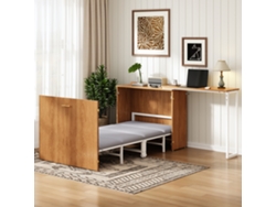 Cama Abatible Con Escritorio Giratorio Y Colchón, Ahorro De Espacio, Con Ruedas - Natural