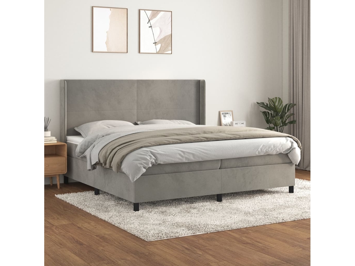 Cama Box Spring Con Colchón Terciopelo Gris Claro 200x200 Cm