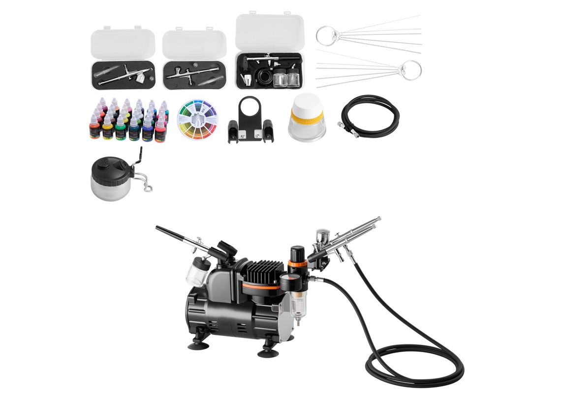 Kit de aerógrafo Succebuy con compresor de aire de 1/6 HP, 3 pistolas pulverizadoras y pinturas acrílicas