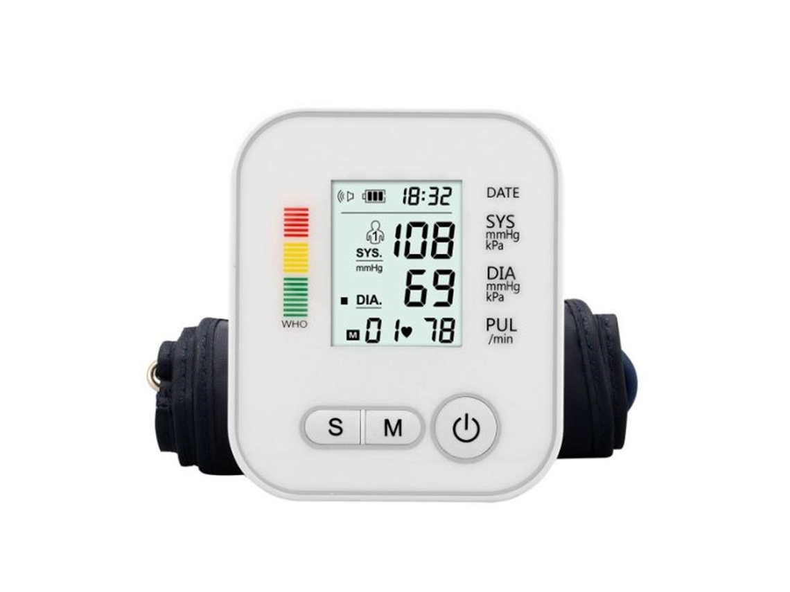 Monitor de presión arterial de brazo con voz en inglés, plateado