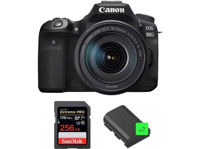 Kit Cámara Réflex CANON EOS 90D + 18-135mm f/3.5-5.6 IS USM + SanDisk 256GB + 2 LP-E6N