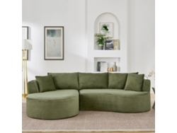 Sofá de 3 plazas con chaise longue a la izquierda, terciopelo acanalado, portavasos, cojines incluidos, envasado al vacío, color verde.