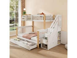 Litera Infantil De Madera De 90x200 Cm Con Cesta, Cajón, Escalera Y Armario, Color Blanco Natural.