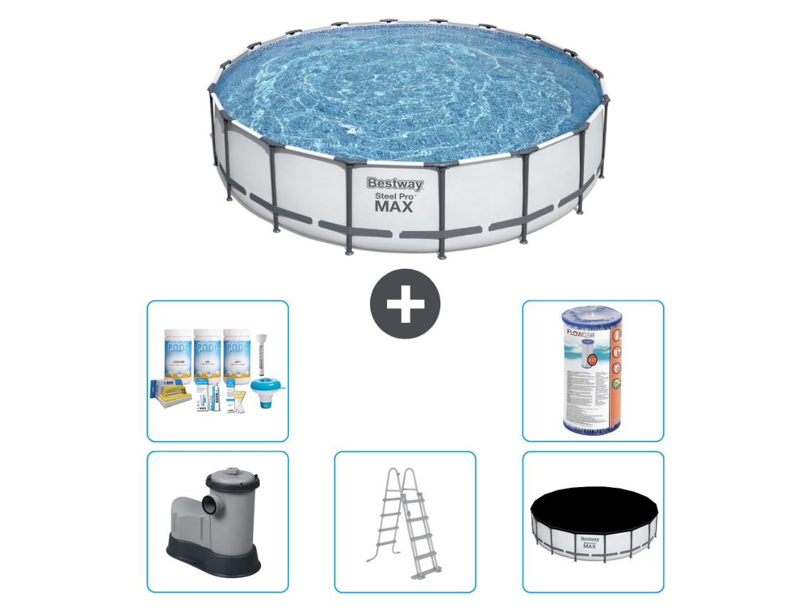 Piscina BESTWAY Round Steel Pro MAX - 549 x 122 cm - Gris - Bomba incluida - Escalera - Cobertor Paquete de mantenimiento - Filtrar