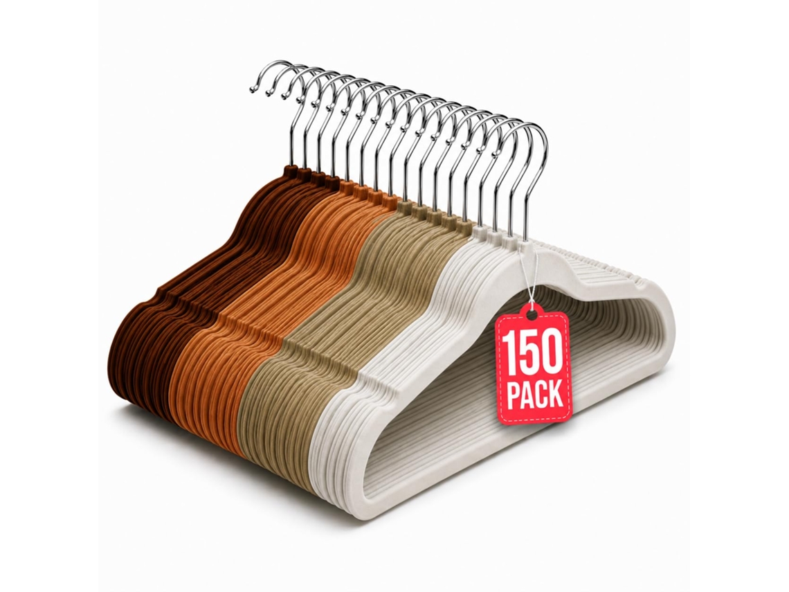 Com-fort House Perchas De Terciopelo Antideslizantes Pack 150 – Tonos Marrón – Ultrafinas Ahorra Espacio – Gancho Giratorio 360° – Perchas Para Ropa, Trajes, Vestidos Y Camisas