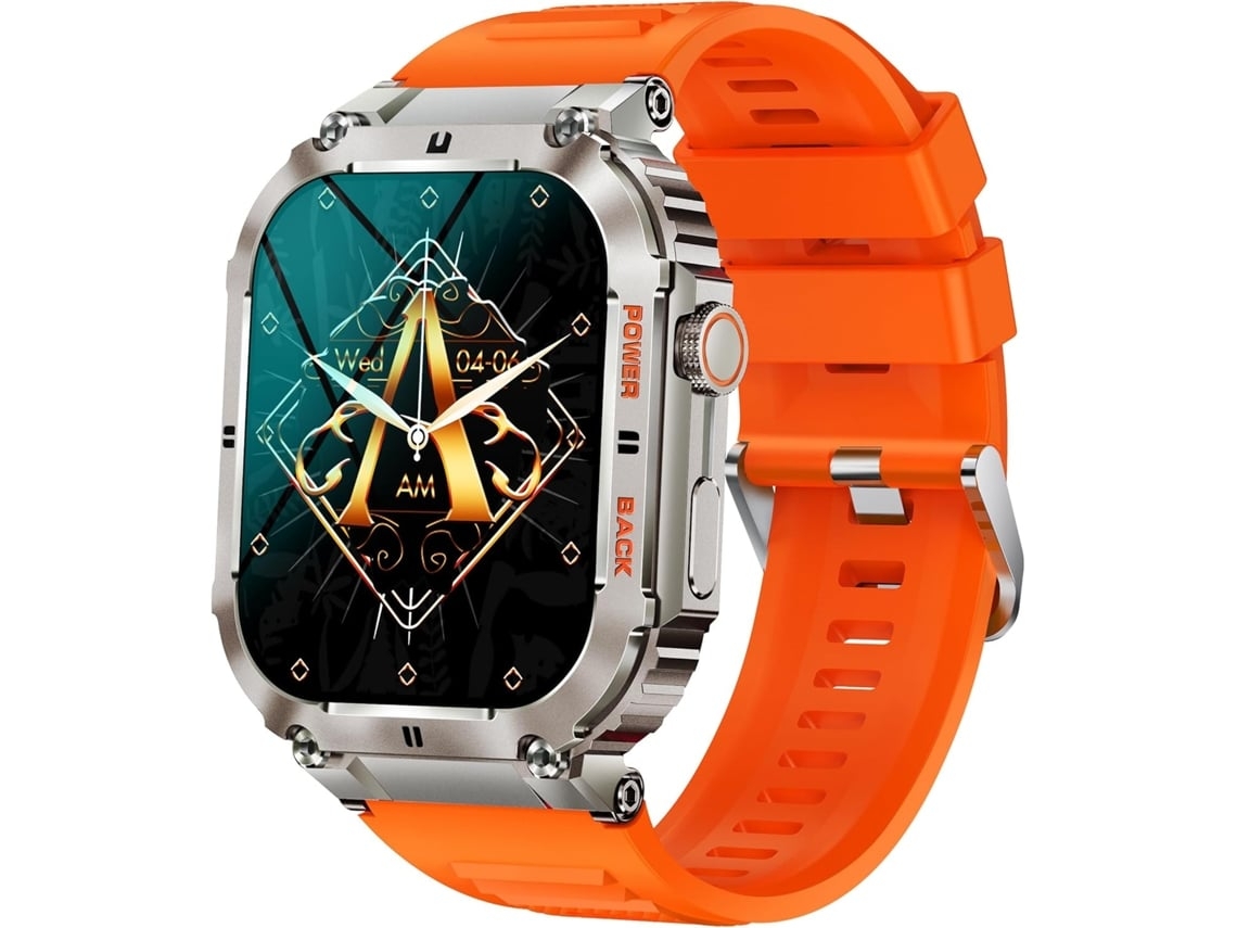 Reloj inteligente con pantalla grande de 1,96" para hombre, Android, estilo militar, ideal para fitness. Permite realizar y contestar llamadas.