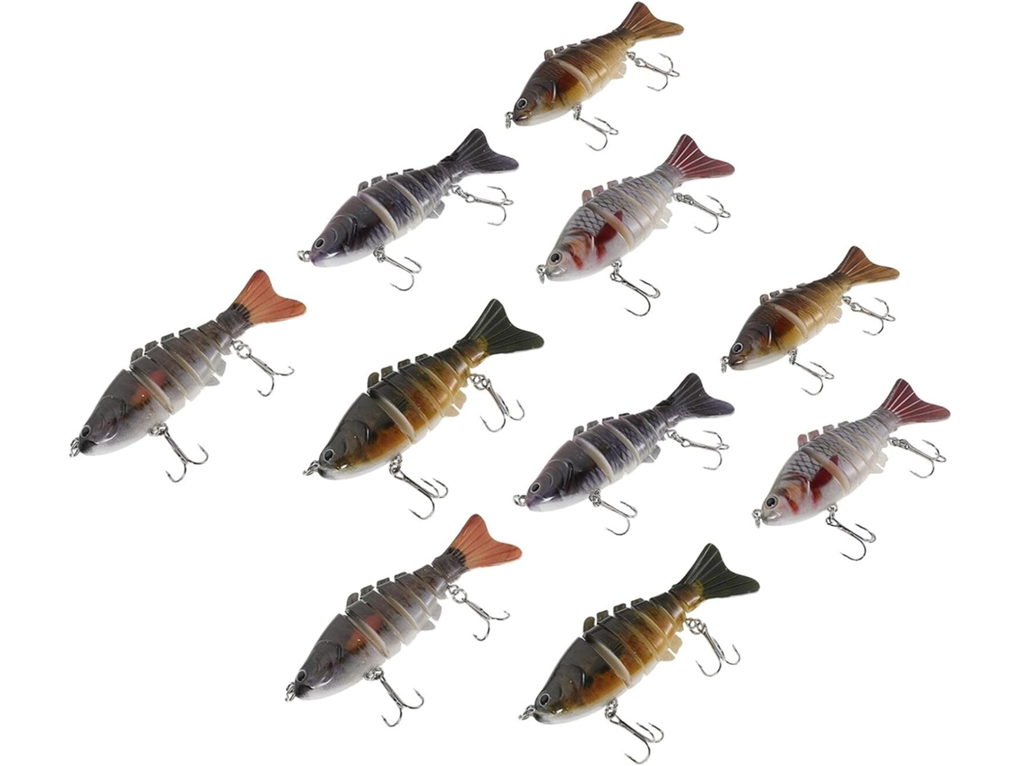 Paquete de 10 señuelos de plástico rígido con múltiples secciones, 10 cm.