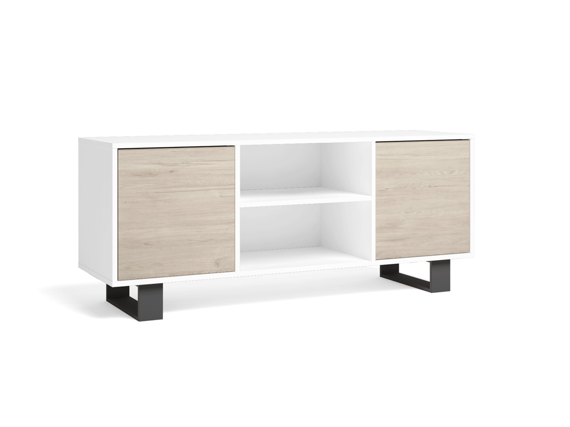Mueble Tv 140 Con 2 Puertas, Modelo Wind, Color Blanco Y Roble, 137x40x57cm