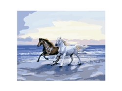 Tela con diseño para pintar por números, 40 x 50 cm. Diseño: Caballos en la playa. Incluye pinzas y las pinturas necesarias.