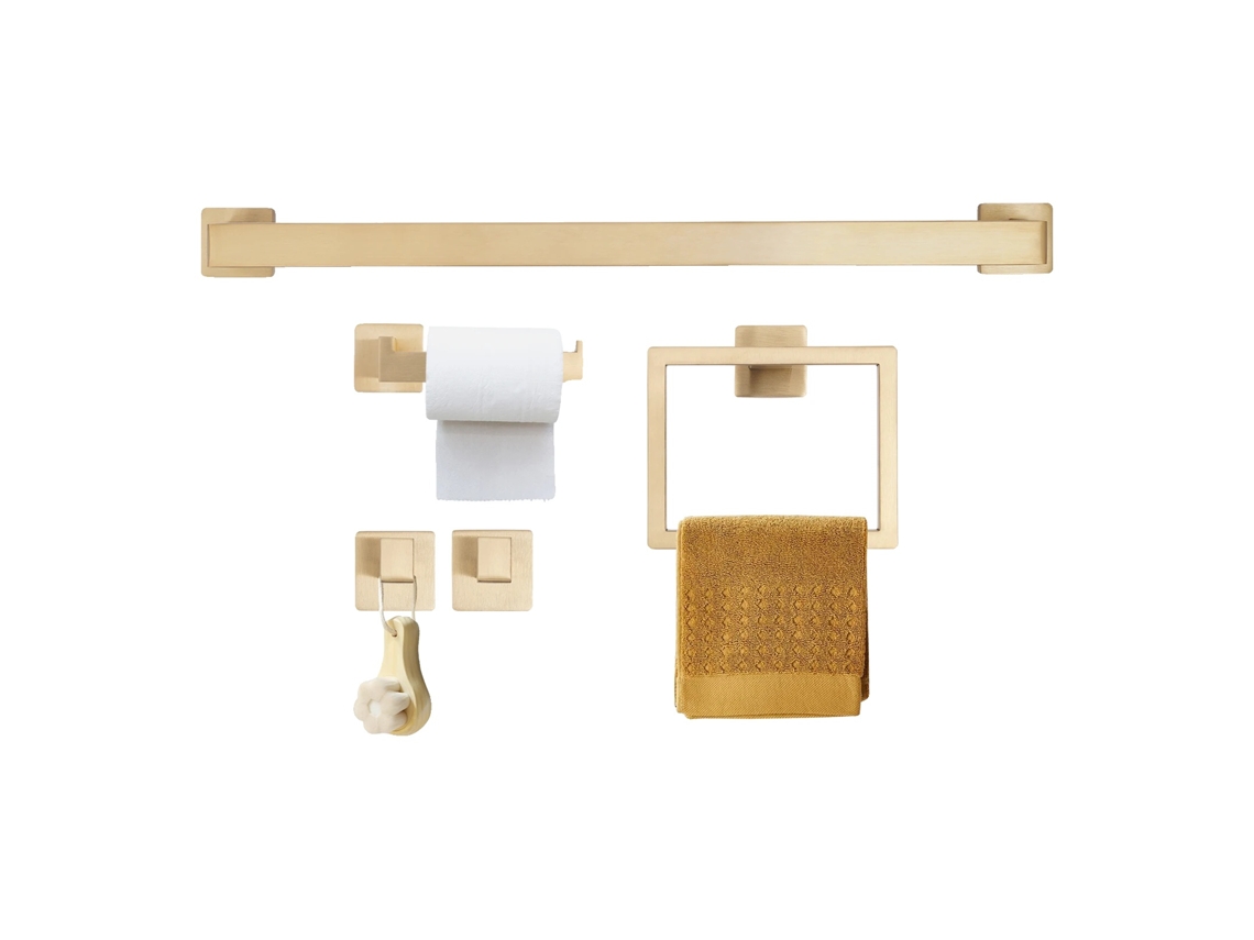 Juego de accesorios de baño, acero inoxidable 201, montaje en pared, 5 piezas, acabado dorado, resistente a la corrosión.