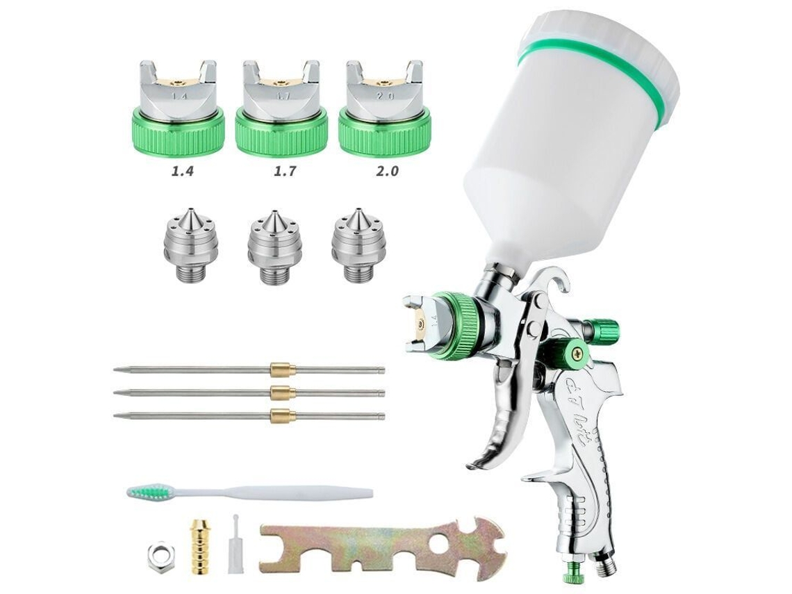 Kit De Pistola De Pintura Profesional Hvlp De Gravedad Con 3 Boquillas 1.4-1.7-2.0mm Y Taza 600cc