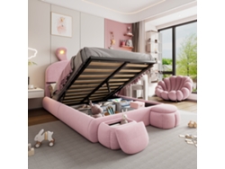 Cama De 140x200 Cm Con Orejas De Conejo, Terciopelo Rosa Y Arcón De Almacenamiento.