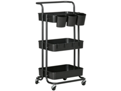 Carrito De Servicio De 3 Niveles Con 4 Ganchos Y 3 Cajas Colgantes Extraíbles, 42 X 38 X 86,5 Cm, Negro.