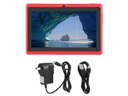 Tableta compacta mini HD de 7,8 GB con cuatro núcleos, Wi-Fi, Bluetooth y Android en rojo y dorado.