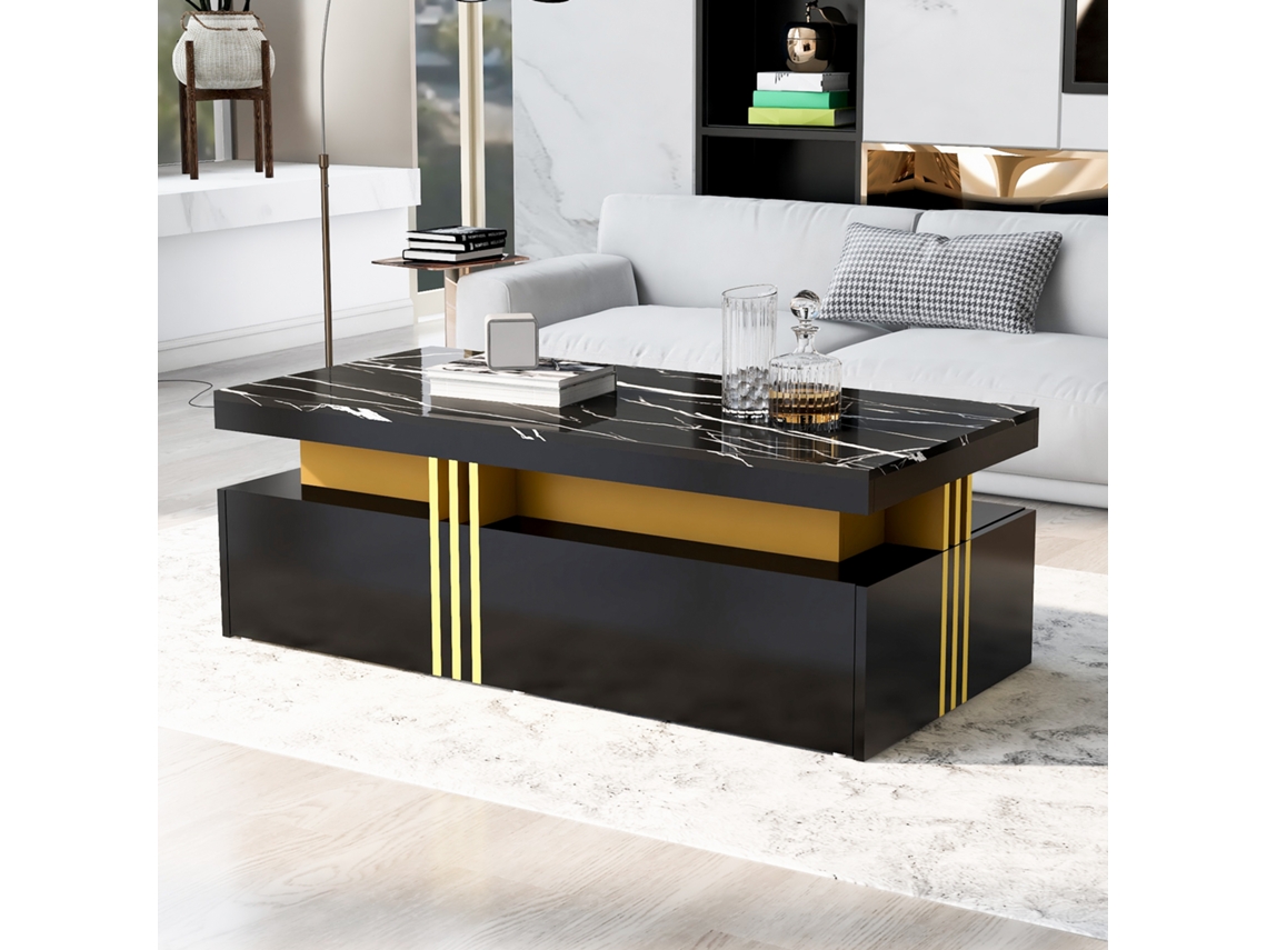 Mesa de centro con 2 cajones, encimera de mármol, estilo escandinavo, color negro