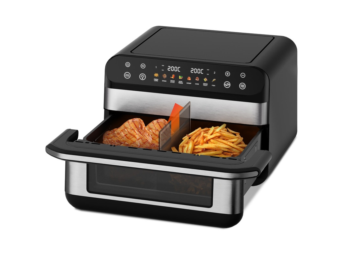 Freidora de aire ADORMII Dualtaste Chef Plus de 10 litros – Negra y plateada, dos zonas, control inteligente, 8 programas, cocina saludable