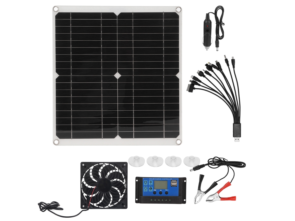 Kit de panel solar de 25 W con pantalla LCD y múltiples protecciones.