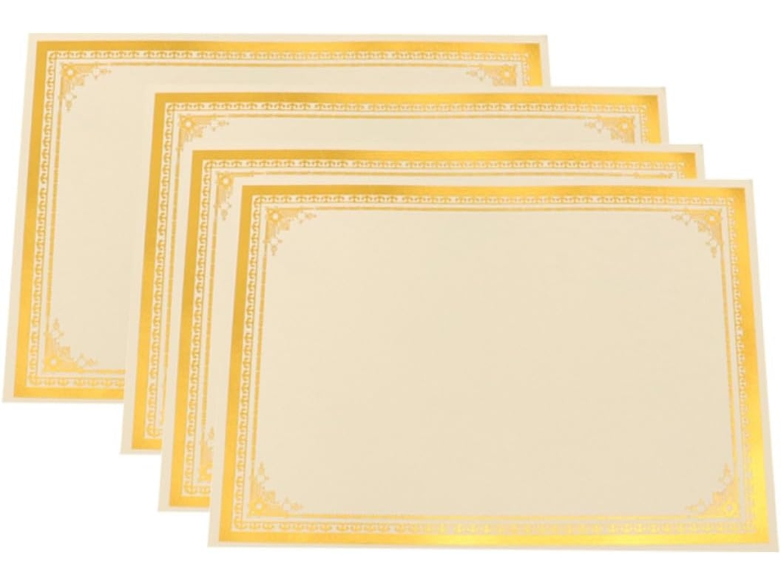 Paquete de 8 hojas de papel A4 en blanco para certificados, con borde dorado.