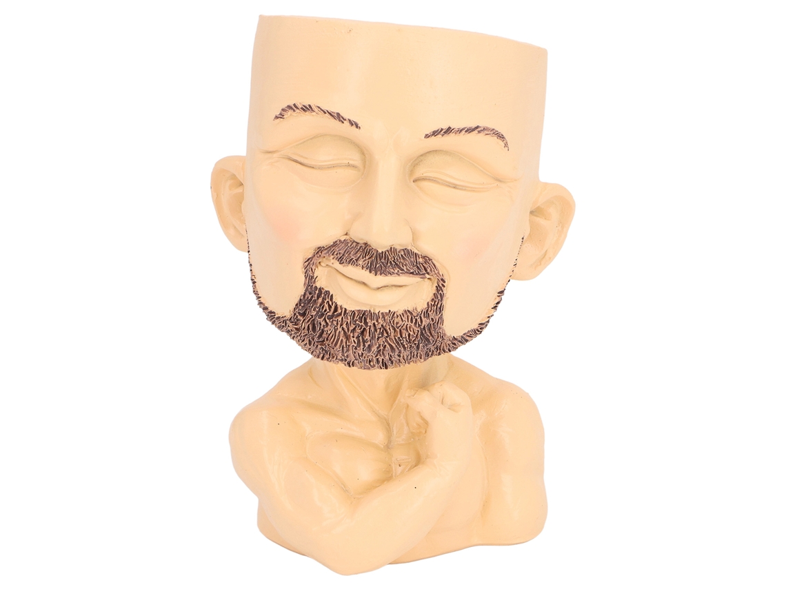 Maceta con forma de rostro de hombre musculoso y orificio de drenaje.