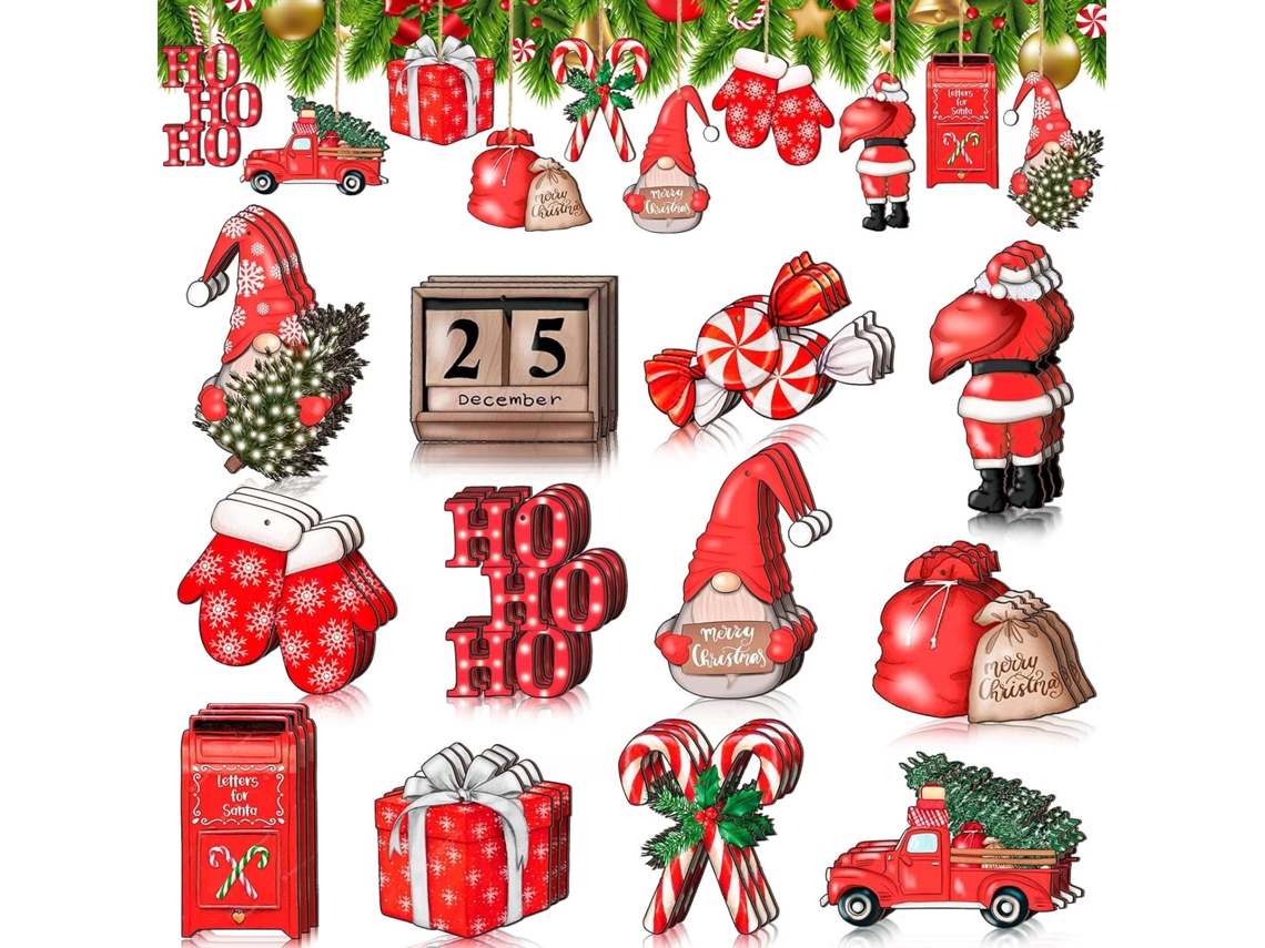 36 adornos navideños de madera: figuras recortadas de un gnomo rojo, Papá Noel, un bastón de caramelo y un camión para decorar el árbol de Navidad.