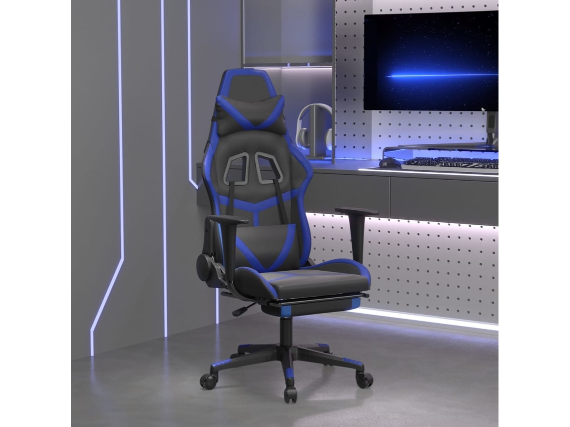 Silla Gaming Con Reposapiés Cuero Sintético Negro Azul