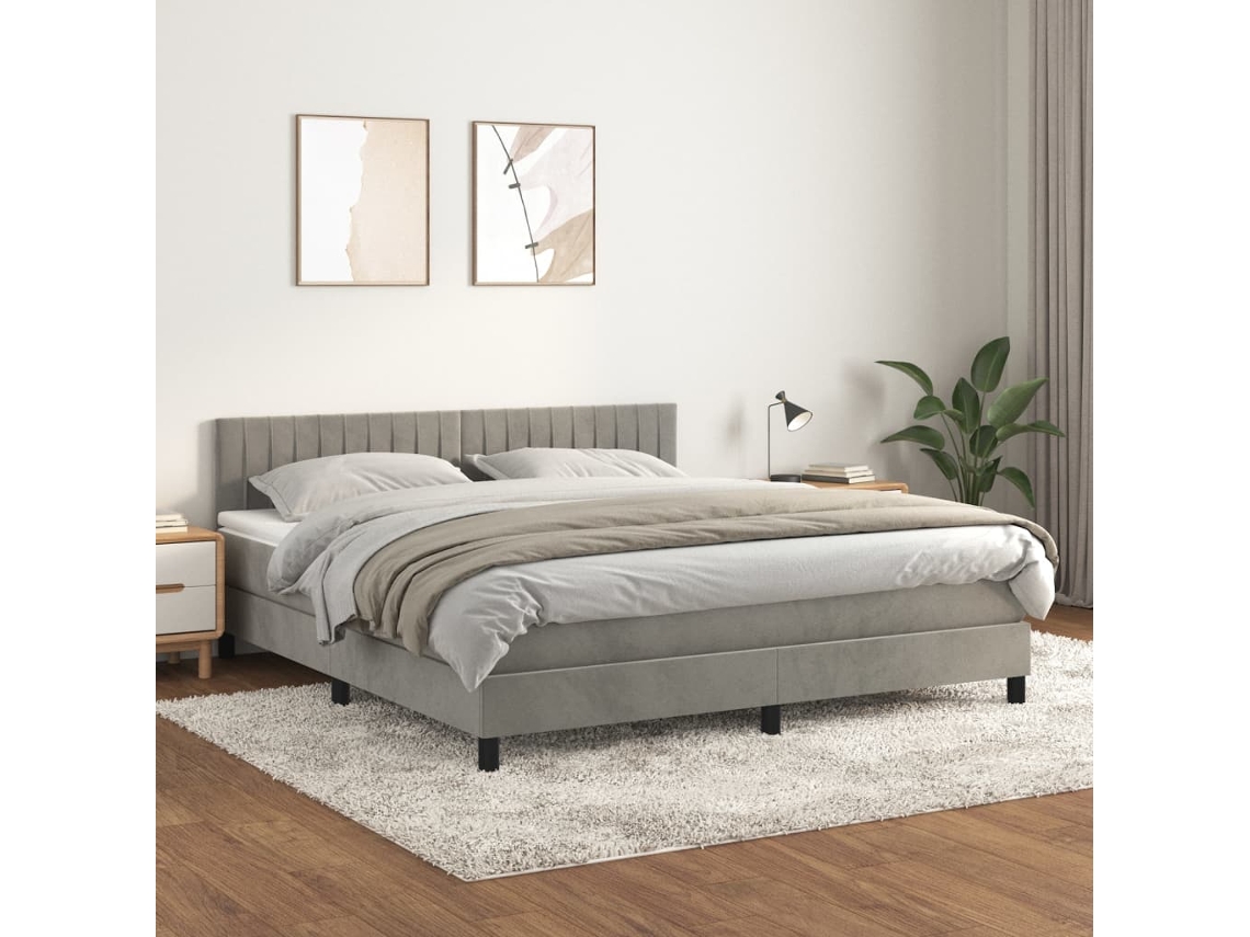 Cama Box Spring Con Colchón Terciopelo Gris Claro 160x200 Cm