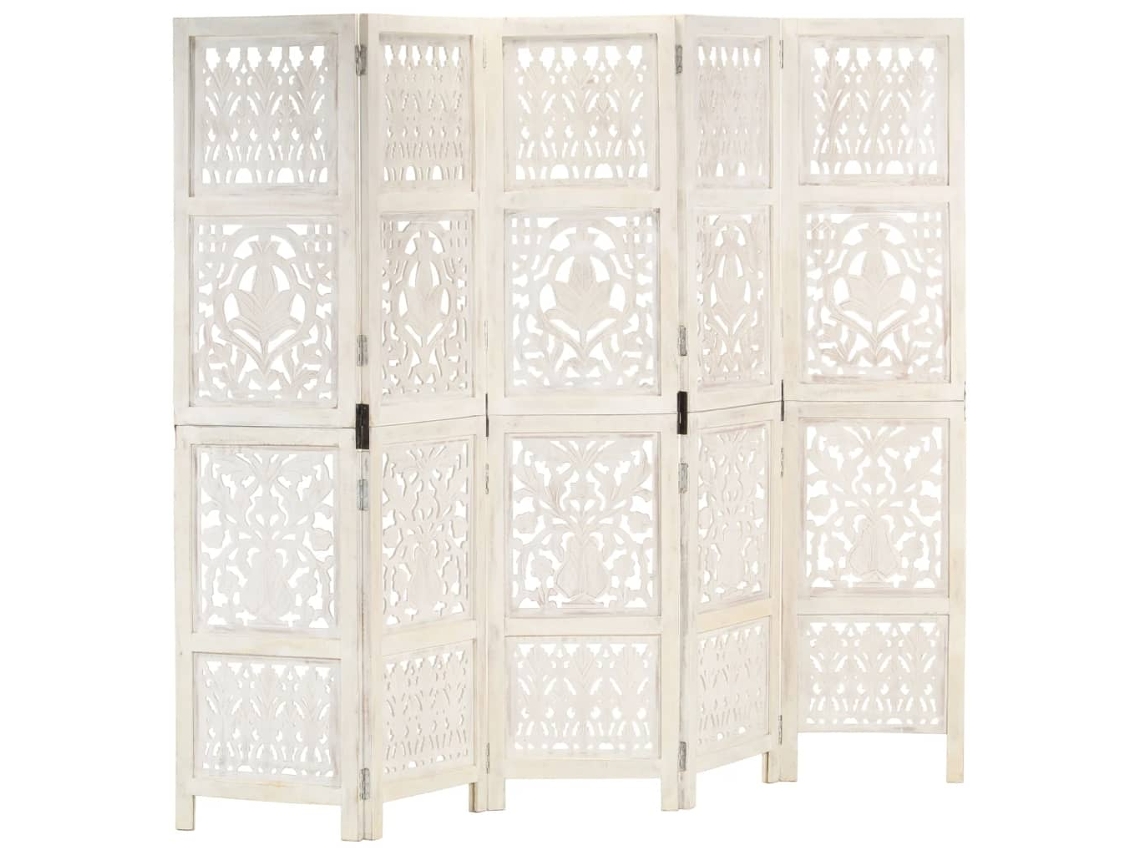 Biombo 5 Paneles Tallado A Mano Madera Mango Blanco 200x165 Cm