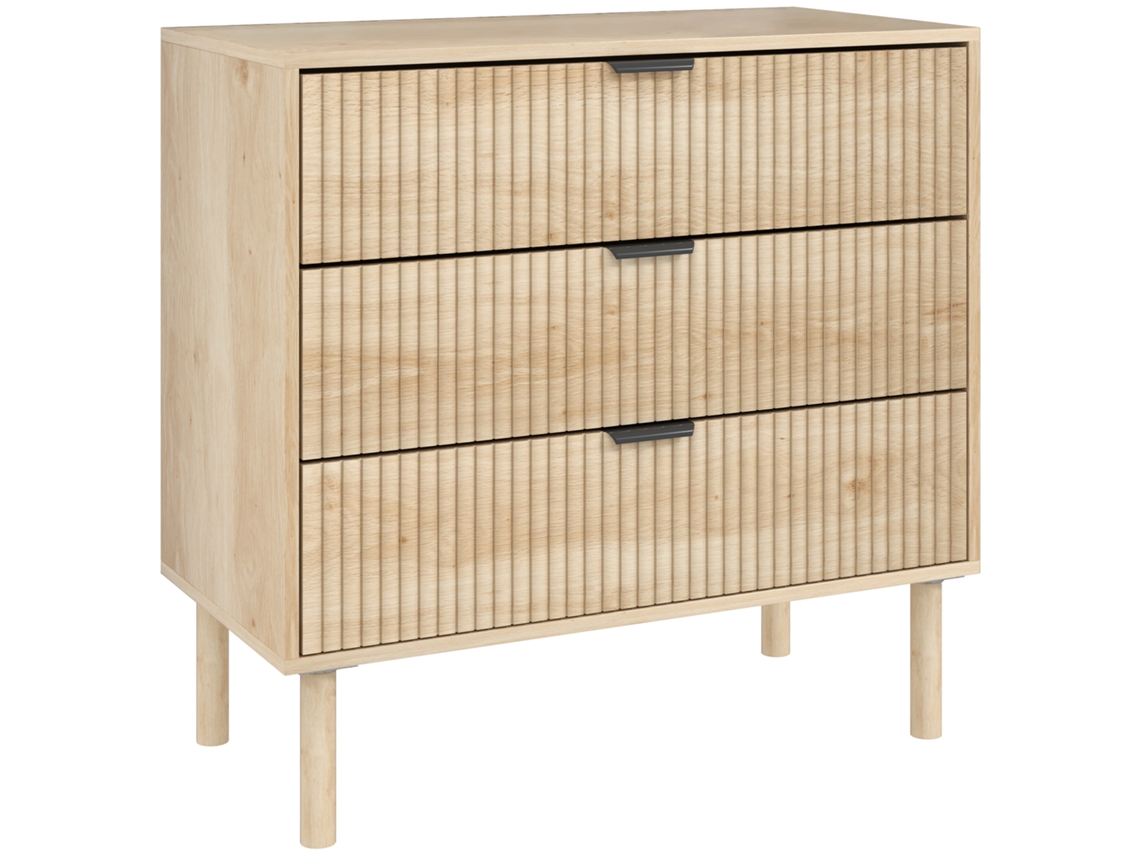 Cómoda De Estilo Nórdico Con 4 Cajones, Tiradores Metálicos, 80x40x77,5 Cm, Acabado En Roble.