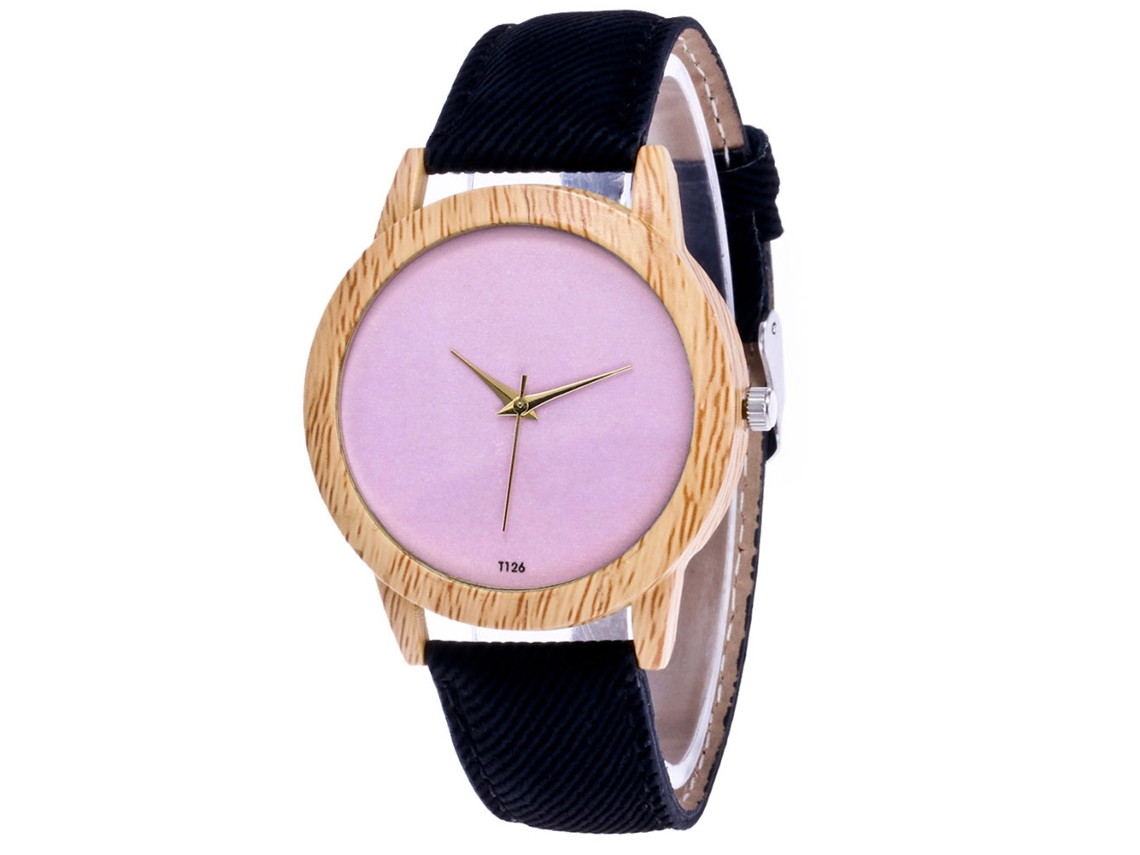 Reloj De Pulsera De Cuarzo Para Parejas Con Esfera Redonda Rosa Y Correa De Lona Negra.