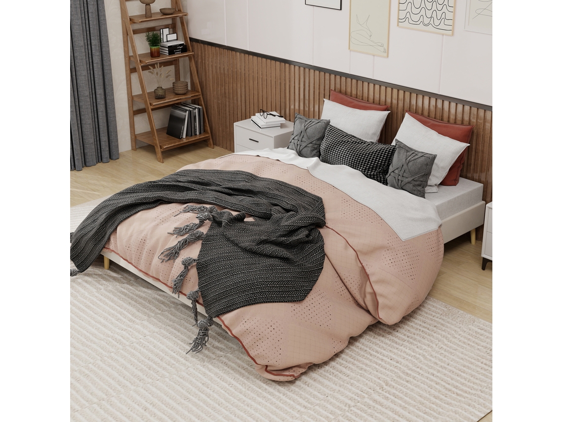 Cama Minimalista Moderna 160x200 - Base Baja, Terciopelo Holandés - Beige