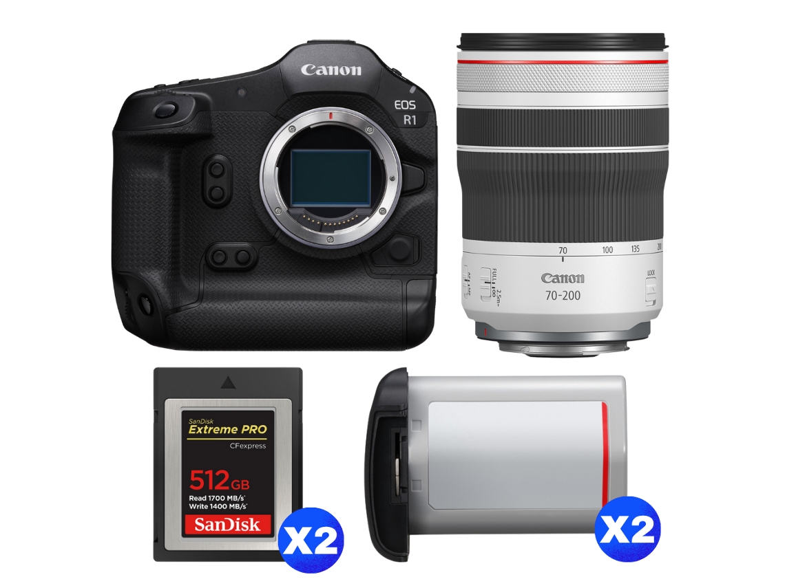 Canon EOS R1 + RF 70 200mm F/4 L IS Usm + 2 Sandisk 512GB Extreme Pro CFExpress Tipo B + 2 Canon LP e19 + Libro electrónico “20 consejos para fotos impresionantes”