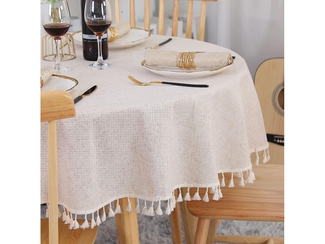 Elegante mantel de lino y algodón con borlas en colores lisos, resistente al polvo y a las arrugas, para uso interior y exterior (150 cm, beige)