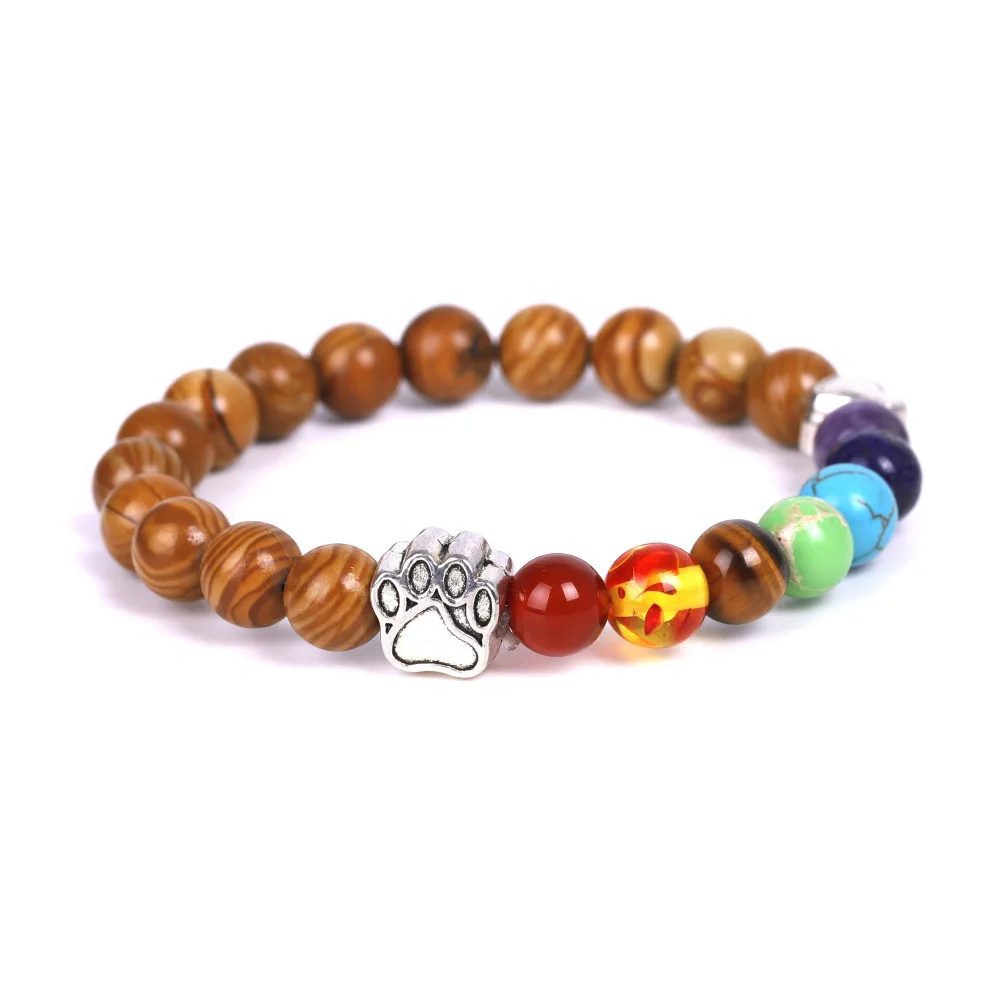 Pulsera De 7 Chakras Con Diseño De Huella De Perro (piedra Con Vetas De Madera), Que Contiene Cuentas De Piedras Preciosas Curativas Y Cordón Elástico.