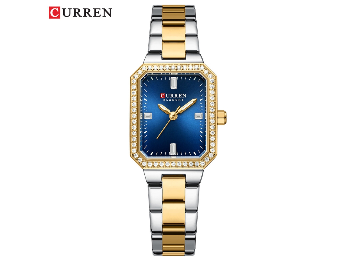 Relógio Feminino Pequeno Quadrado (dourado E Azul) Com Movimento De Quartzo, À Prova D'água E Com Strass.
