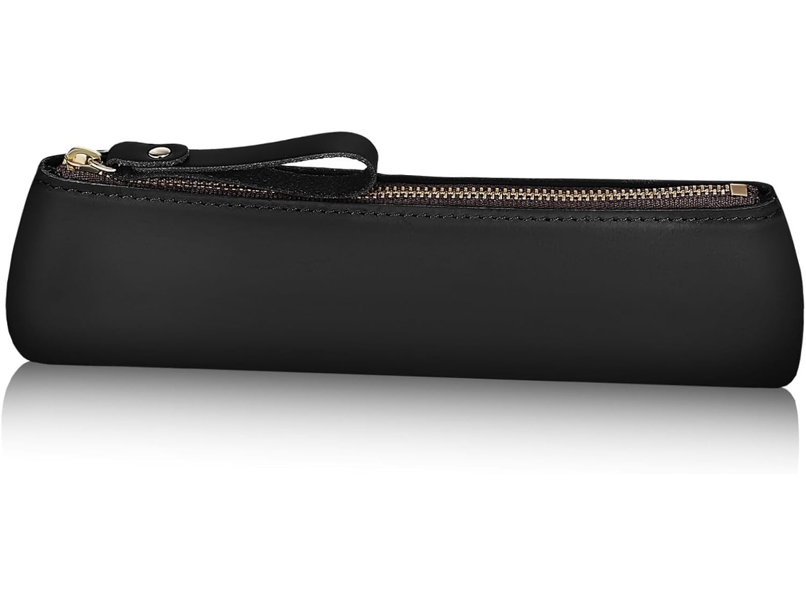 Estuche Pequeño Y Delgado De Piel Auténtica Negra, Unisex, Con Cierre De Cremallera.