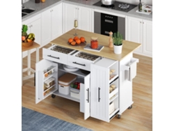 Isla Cocina 120cm - Hoja Abatible, Cajones, Ruedas - Blanco+natural