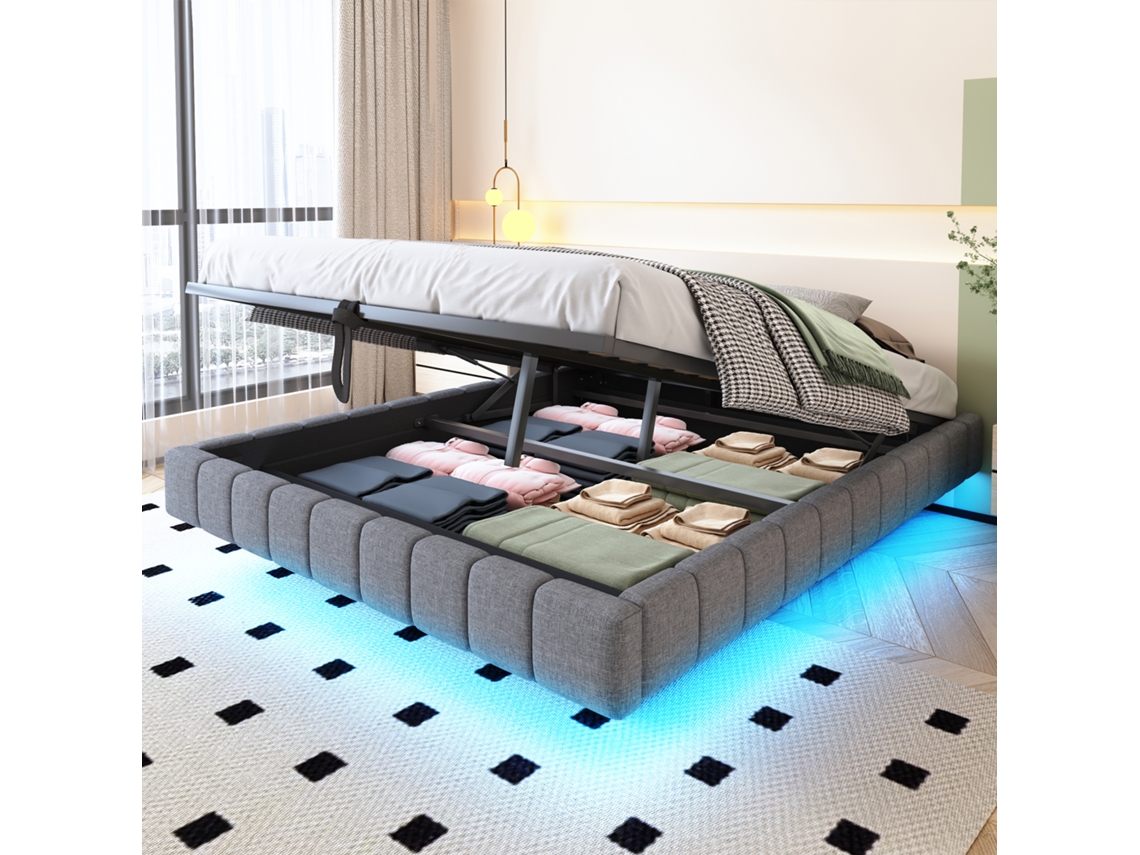 Canapé Lit Hydraulique 160x200cm Con Led, Almacenamiento, Sin Cabecero, Lino Gris