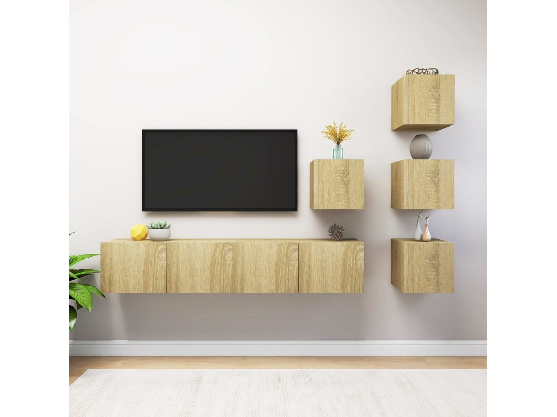 6Pzs Pack de Muebles de Armario Tv Contrachapado Color Roble Sonoma