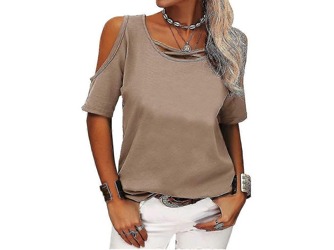 2026-blusa Casual De Hombros Descubiertos Manga Corta Para Mujer Verano Suelta Camiseta Top Algodón Mezclado 2023