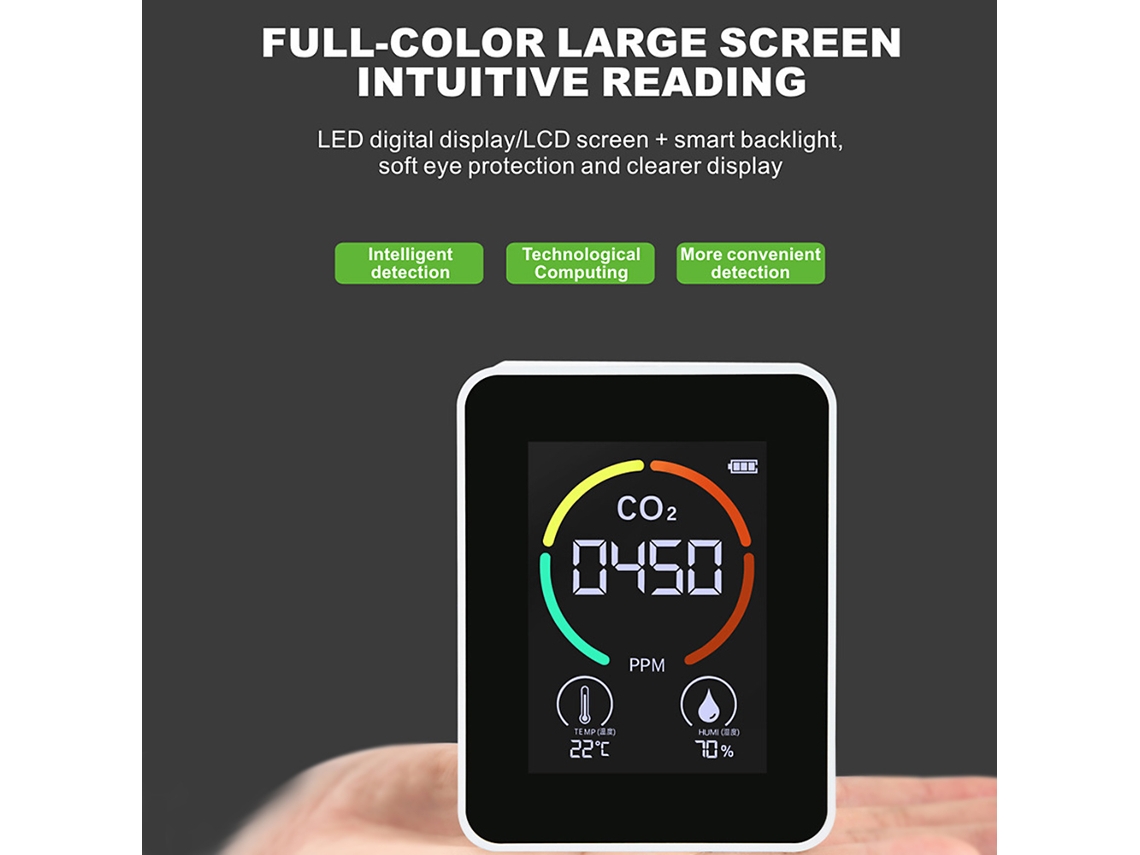 Detector Multifuncional De Calidad Del Aire Para El Hogar (co2/temperatura/humedad) Con Pantalla Led Y Batería De 1200 Mah.