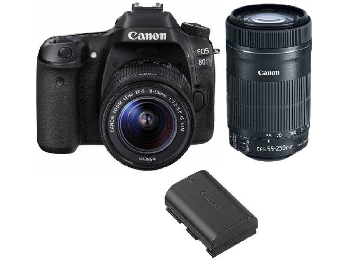 Cámara Reflex CANON EOS 80D + Objectivo EF-S 18-55MM F3.5-5.6 IS STM + Objectivo EF-S 55-250MM F4-5.6 IS STM + Batería Canon LP-E6N (APS-C)
